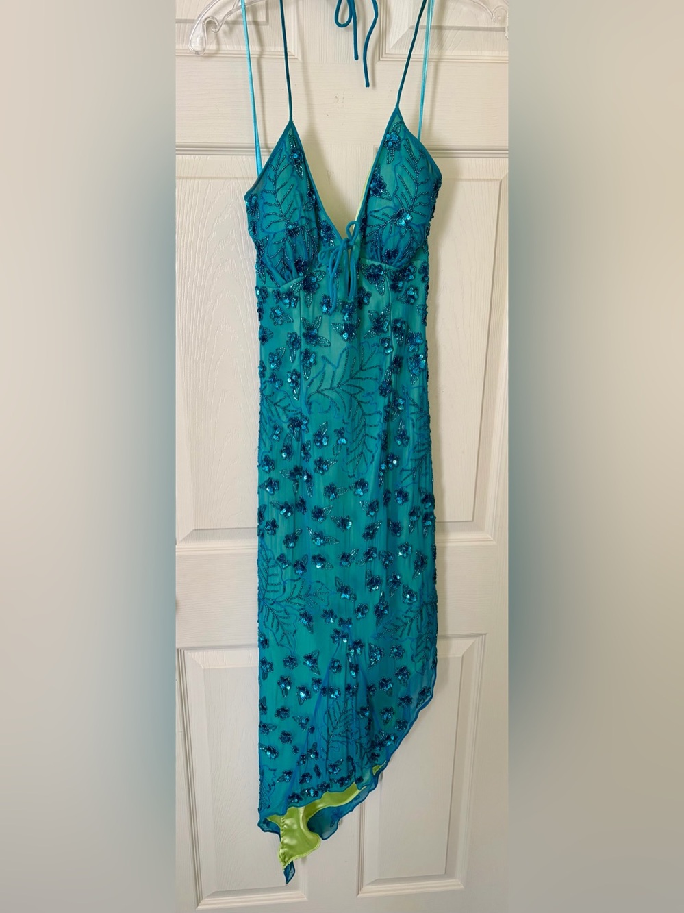Cache Teal Beaded & sequined Asymmetrical Evening Dress